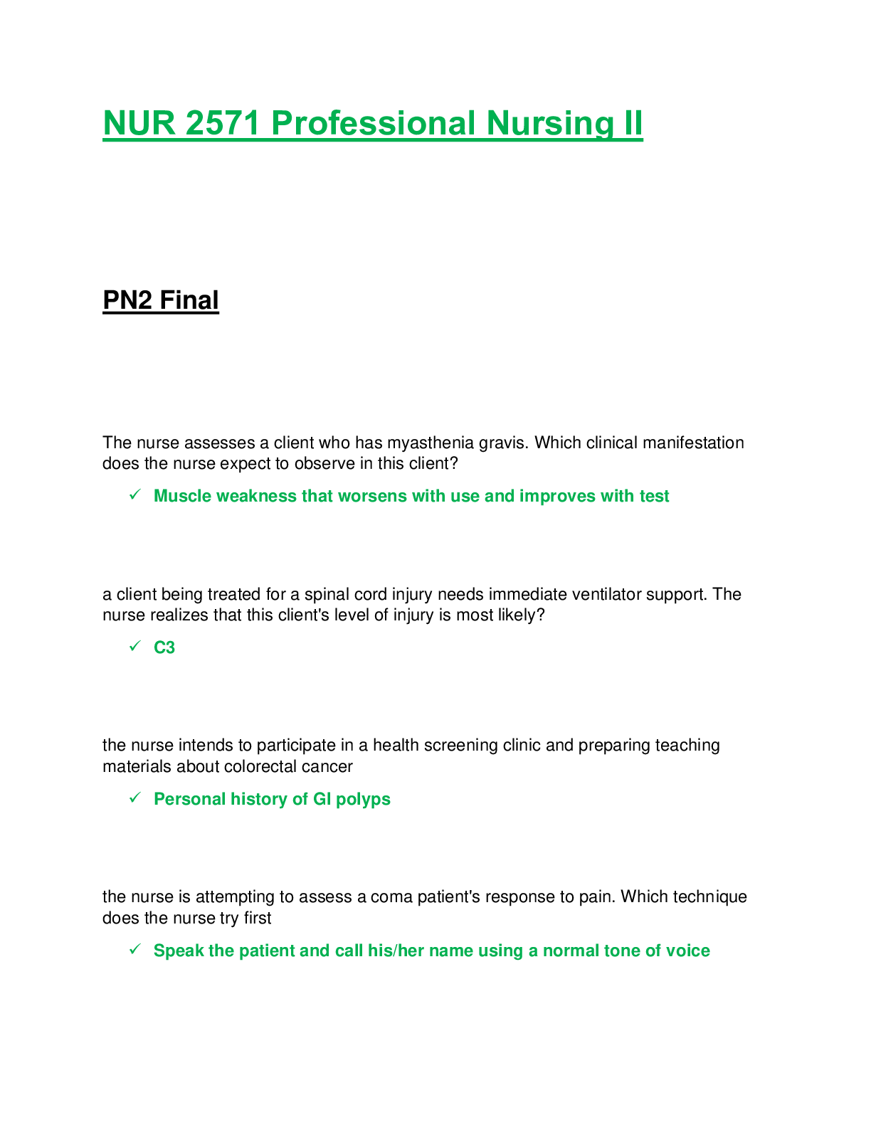 NUR 2571 / NUR2571 Professional Nursing II / PN 2 Final Exam . Rasmussen